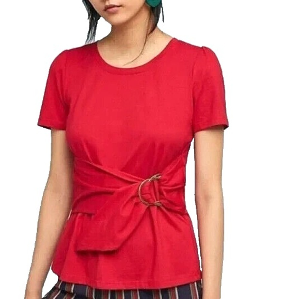 MAEVE By Anthropologie RED Cinch Waist D-RING Knit DAKOTA WRAP BLOUSE/TOP Sz S